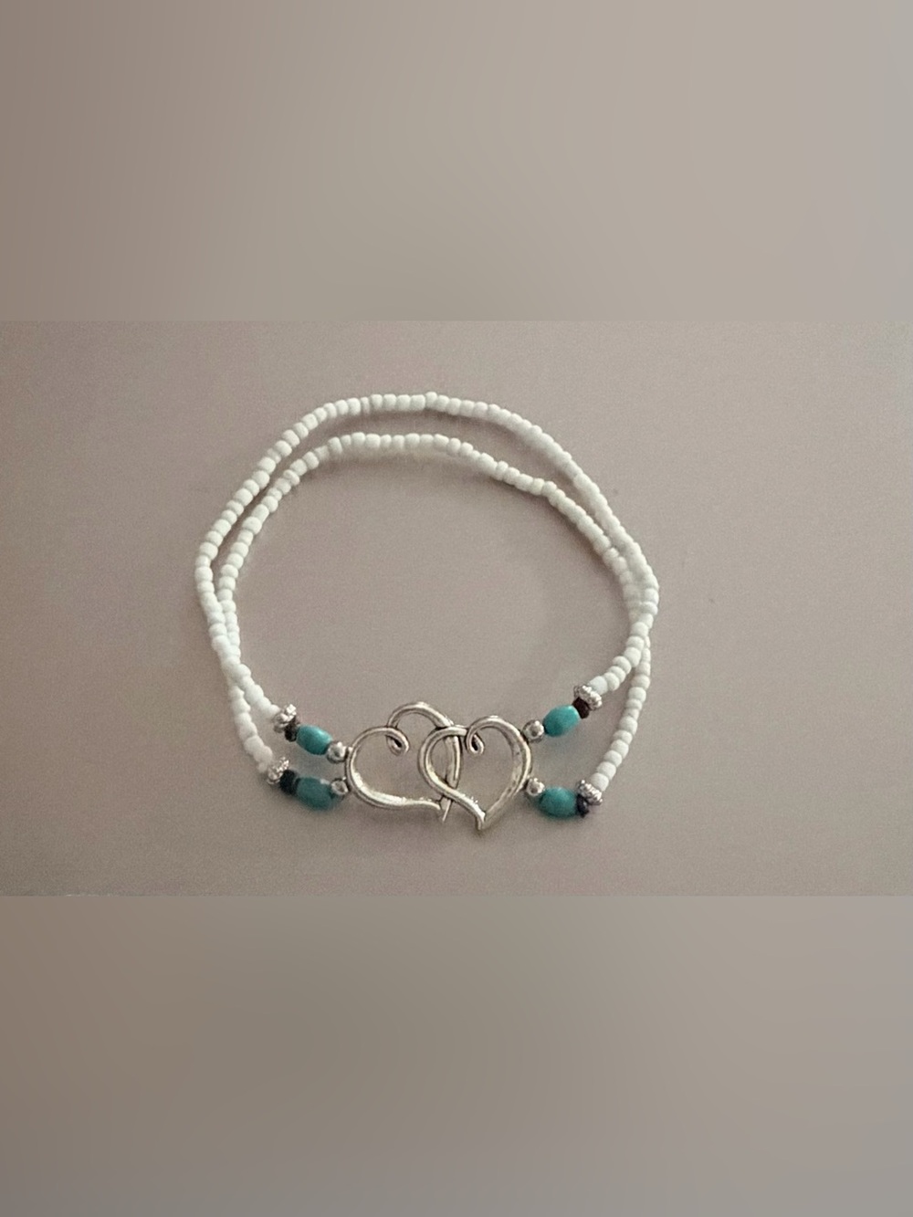 White beaded with Blue Double Heart Center Piece Unisex Stretch Friendship
